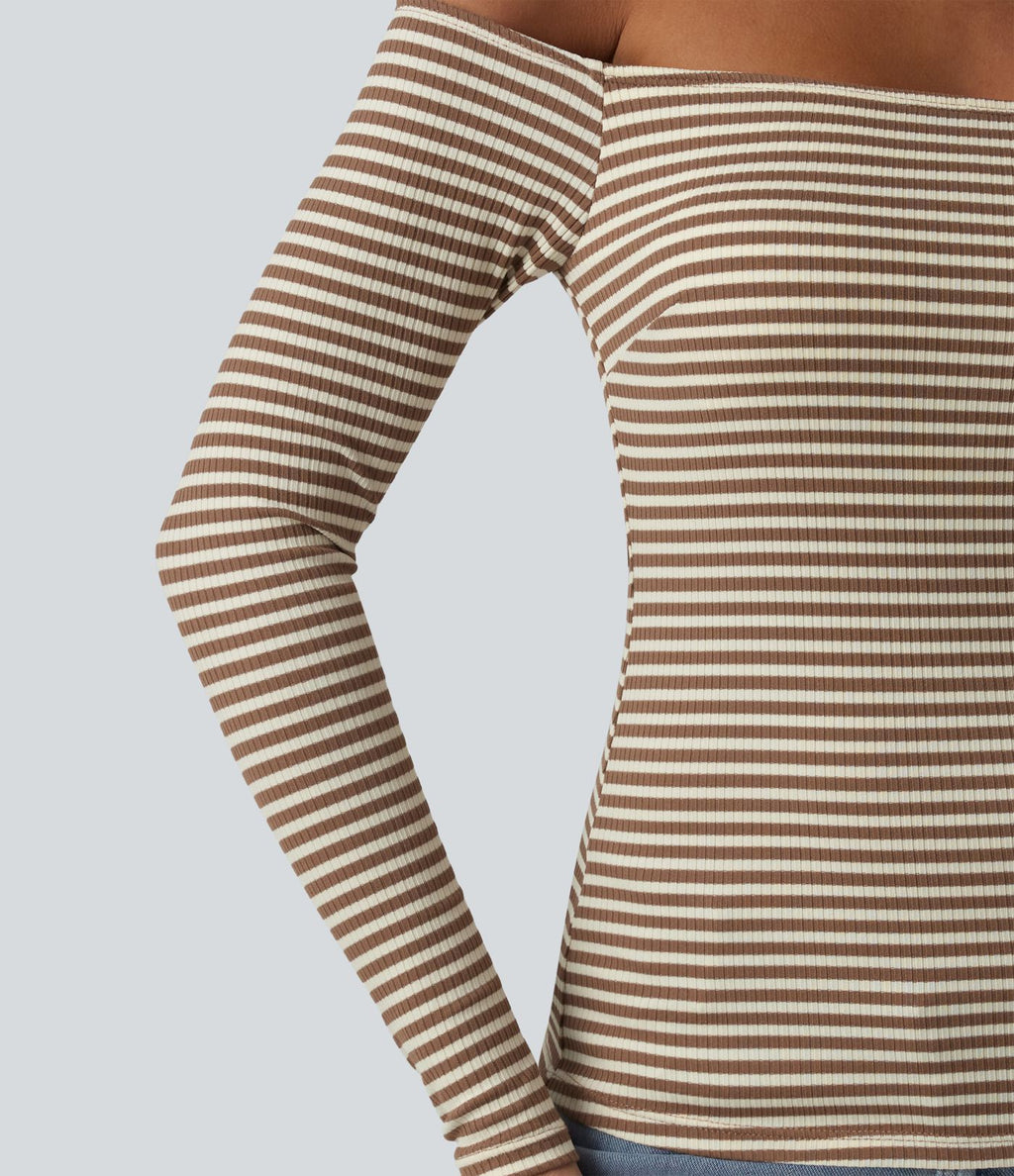 T-shirt casual rayé en maille côtelée à épaules dénudées, manches longues et soutien-gorge intégré