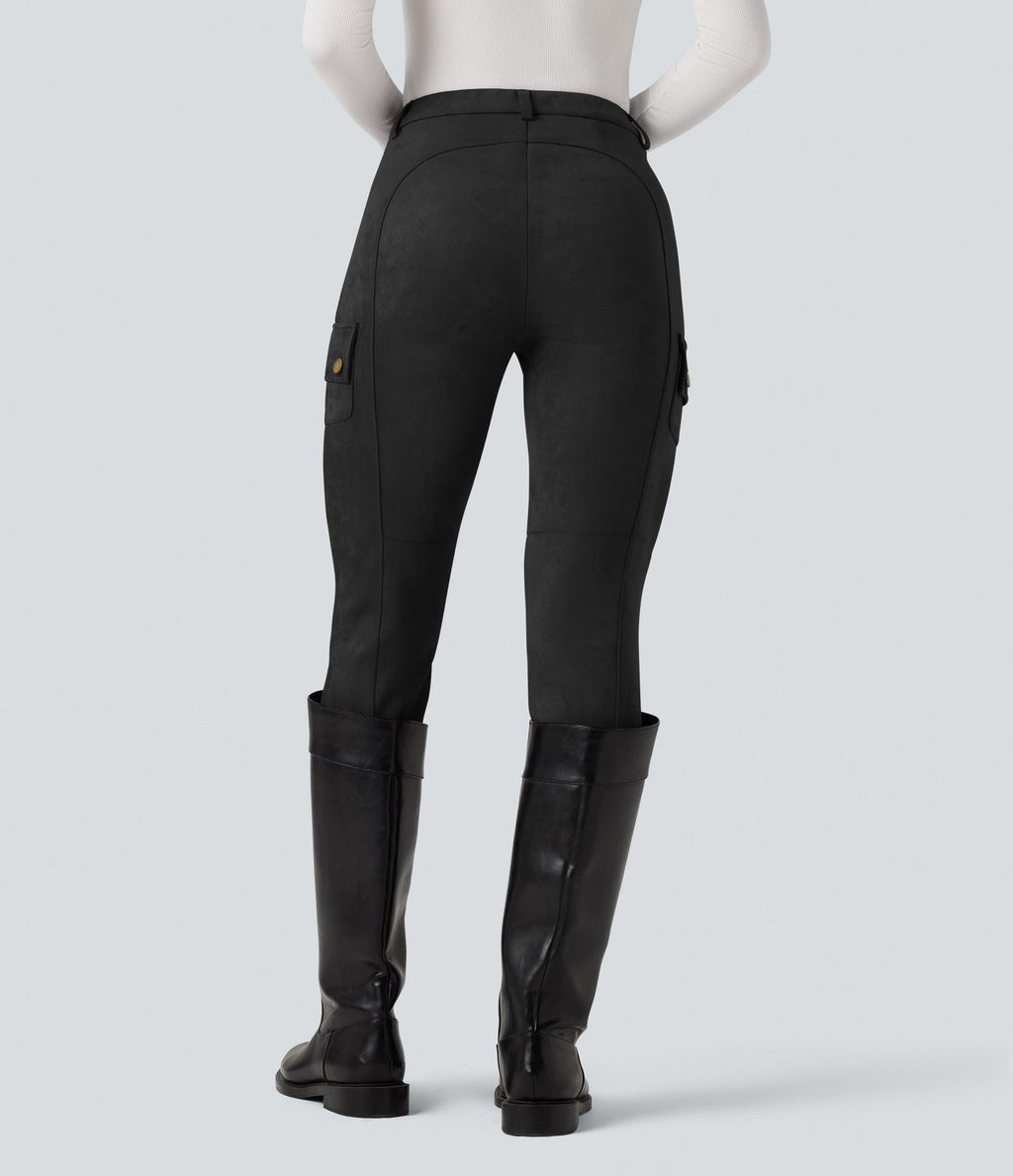 Pantalon cargo équestre en suède, taille haute, avec poches