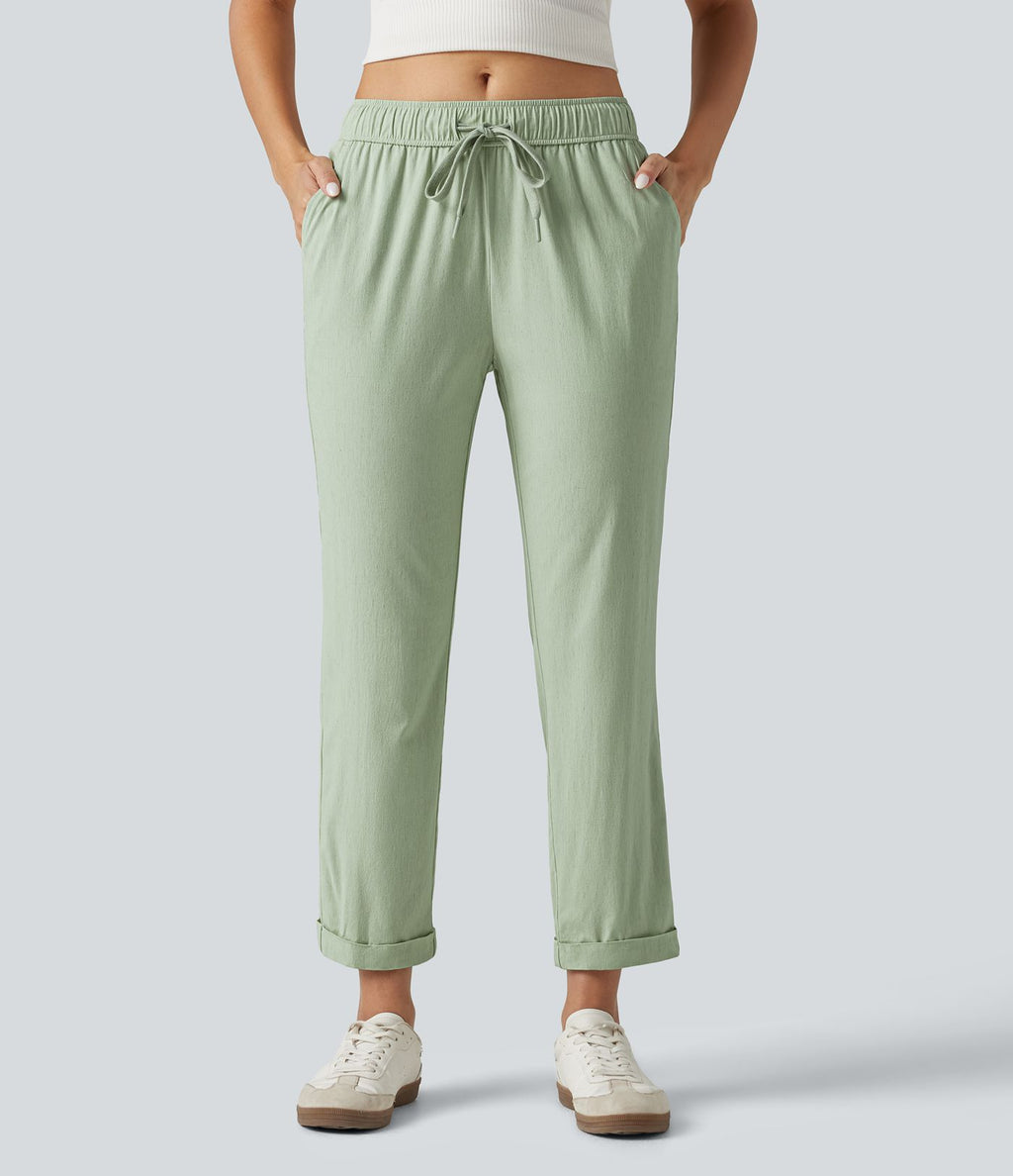Pantalon ajusté décontracté taille mi-haute avec cordon de serrage, aspect lin extensible et poches