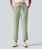 Pantalon ajusté décontracté taille mi-haute avec cordon de serrage, aspect lin extensible et poches