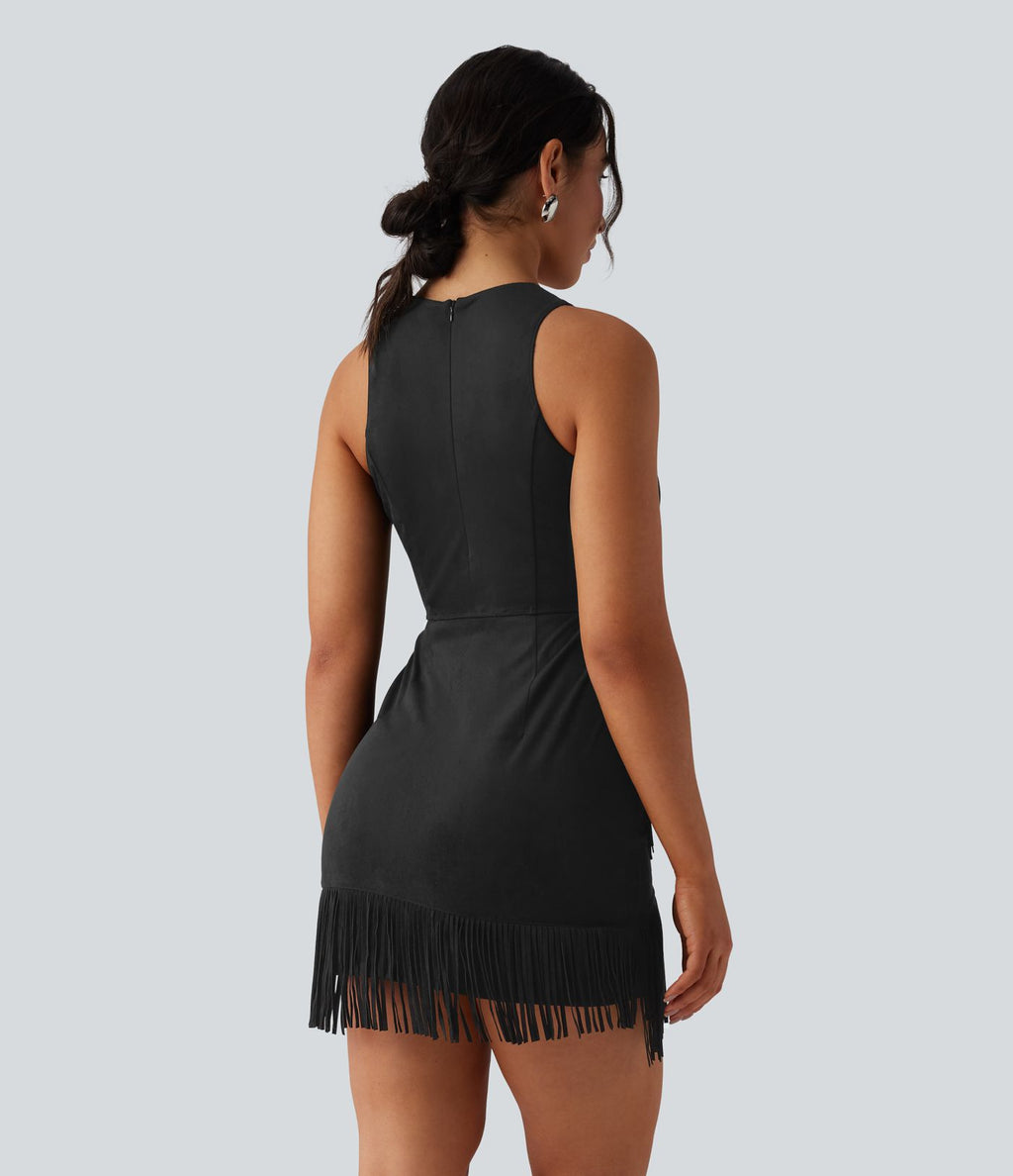 Robe mini moulante en suédine col rond sans manches avec franges