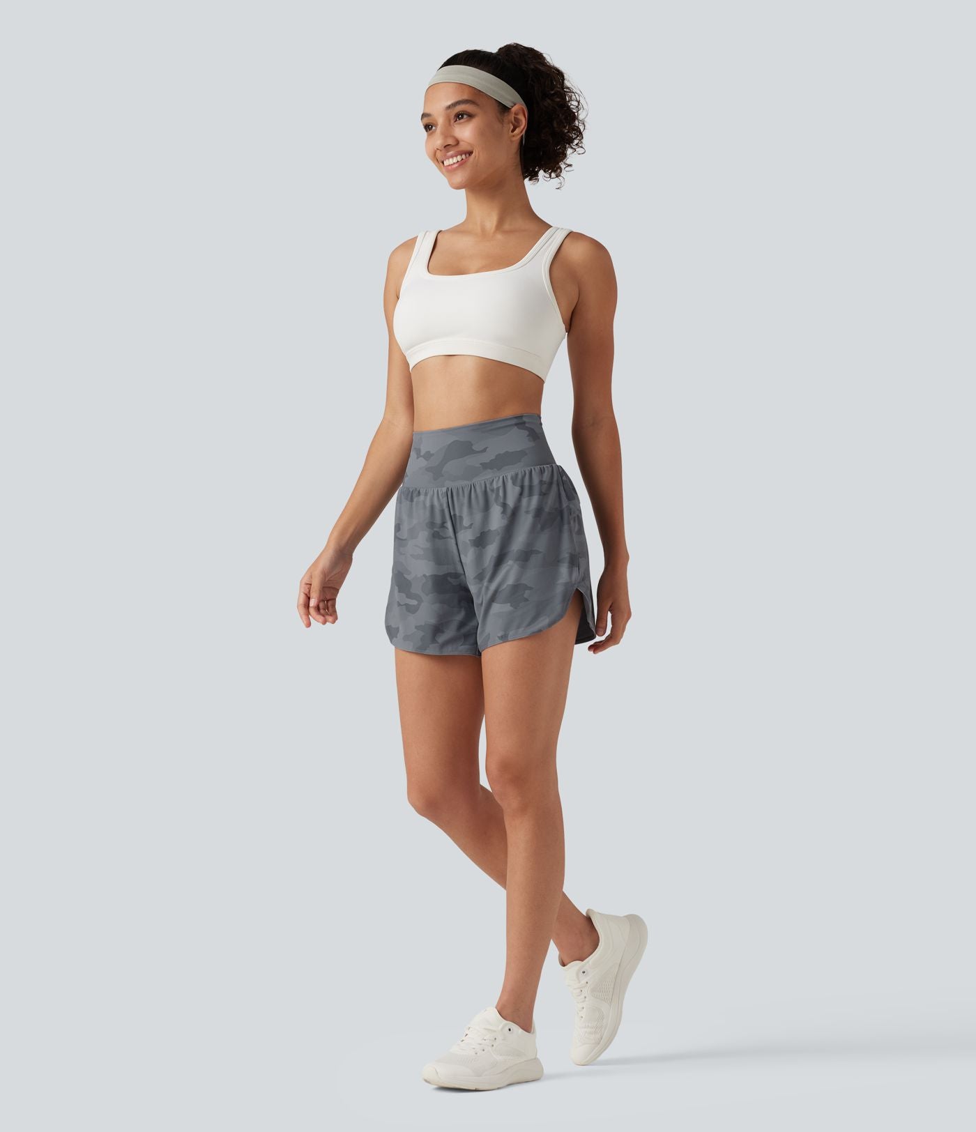 Short de running 2 en 1 Halara UltraSculpt™ gainant imprimé camouflage, taille haute, ourlet incurvé, 10 cm, avec poche