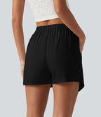 Short casual taille haute coupe baggy en mélange de lin avec poches