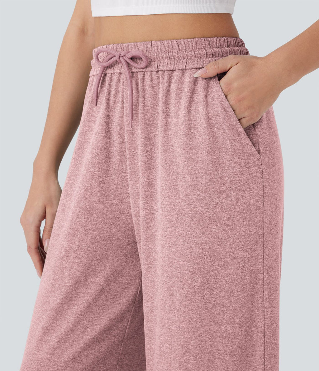 Pantalon large décontracté taille haute avec cordon de serrage et poches latérales