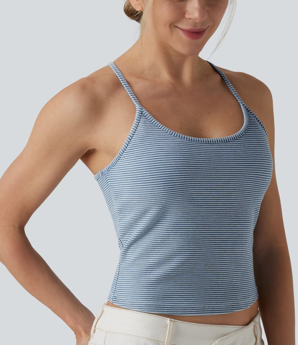 Top débardeur denim décontracté Halara Flex™ col U brassière intégrée rayé