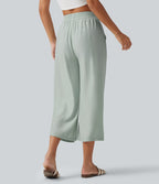 Pantalon large court taille haute en lin mélangé avec cordon de serrage et poches