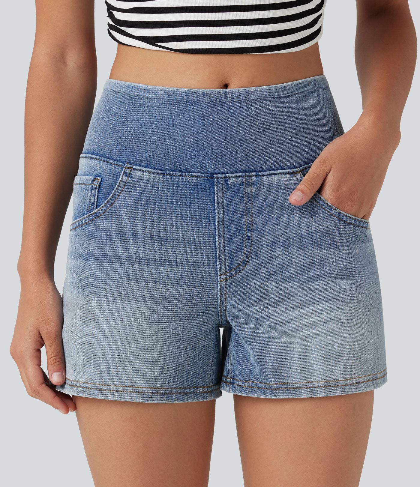 Halara Flex™ Short décontracté en denim lyocell délavé taille mi-haute drapé 9 cm avec poches
