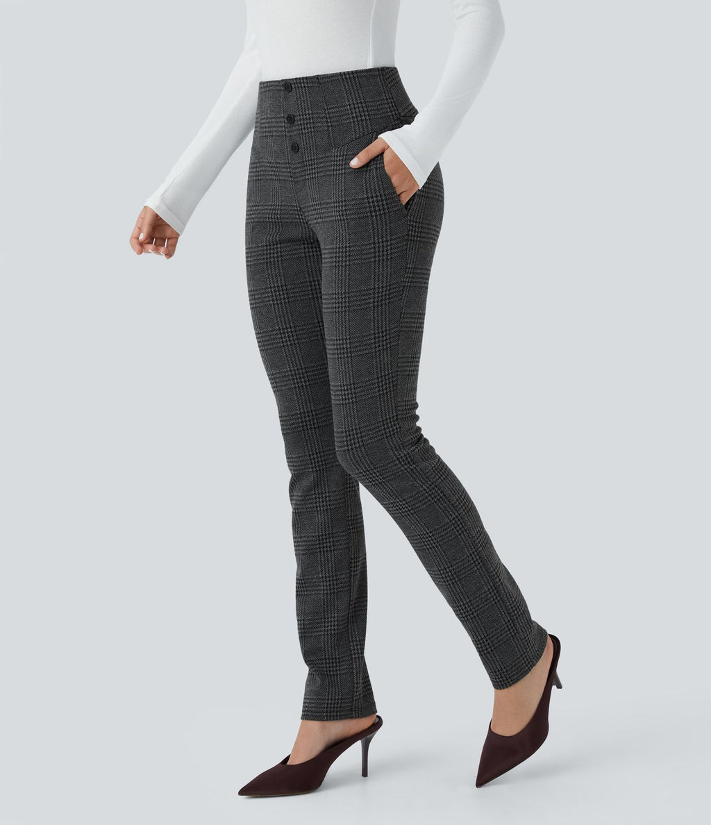Halara Flex™ Pantalon tailleur Cintrés à Taille Haute avec Boutons Décoratifs Poches Latérales et Imprimé Pied-de-Poule