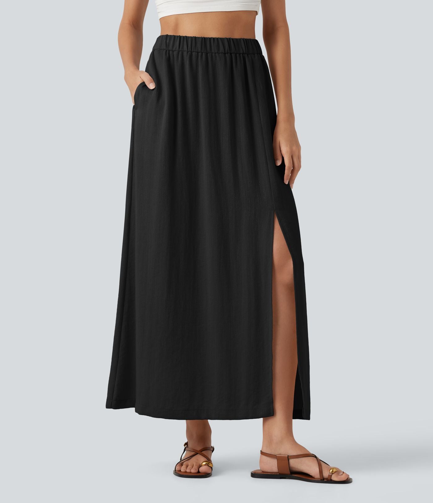 Jupe maxi effet lin taille haute avec fente à l’ourlet et poches