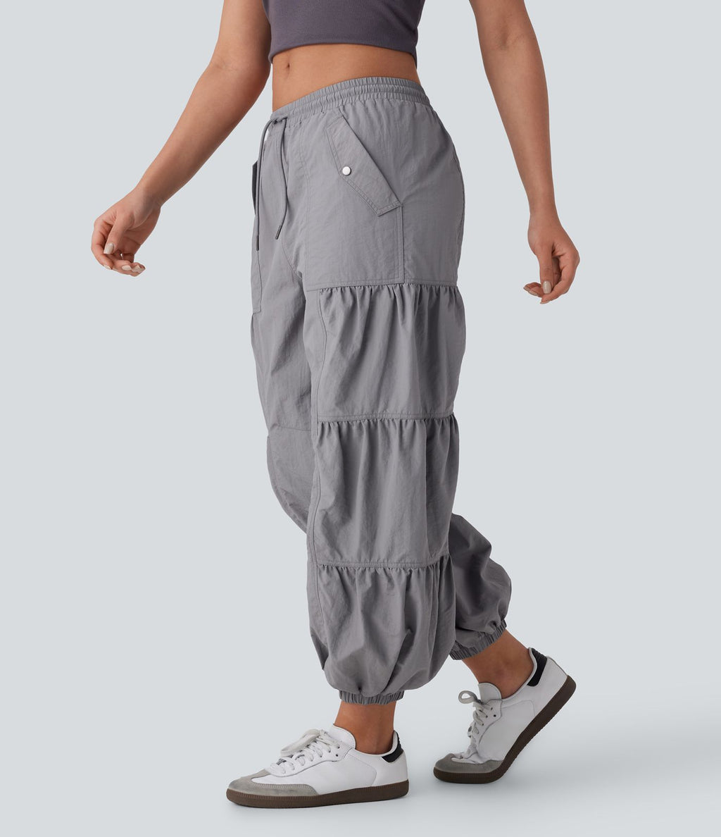 Jogging cargo décontracté parachute taille moyenne à cordon avec poches latérales et fronces