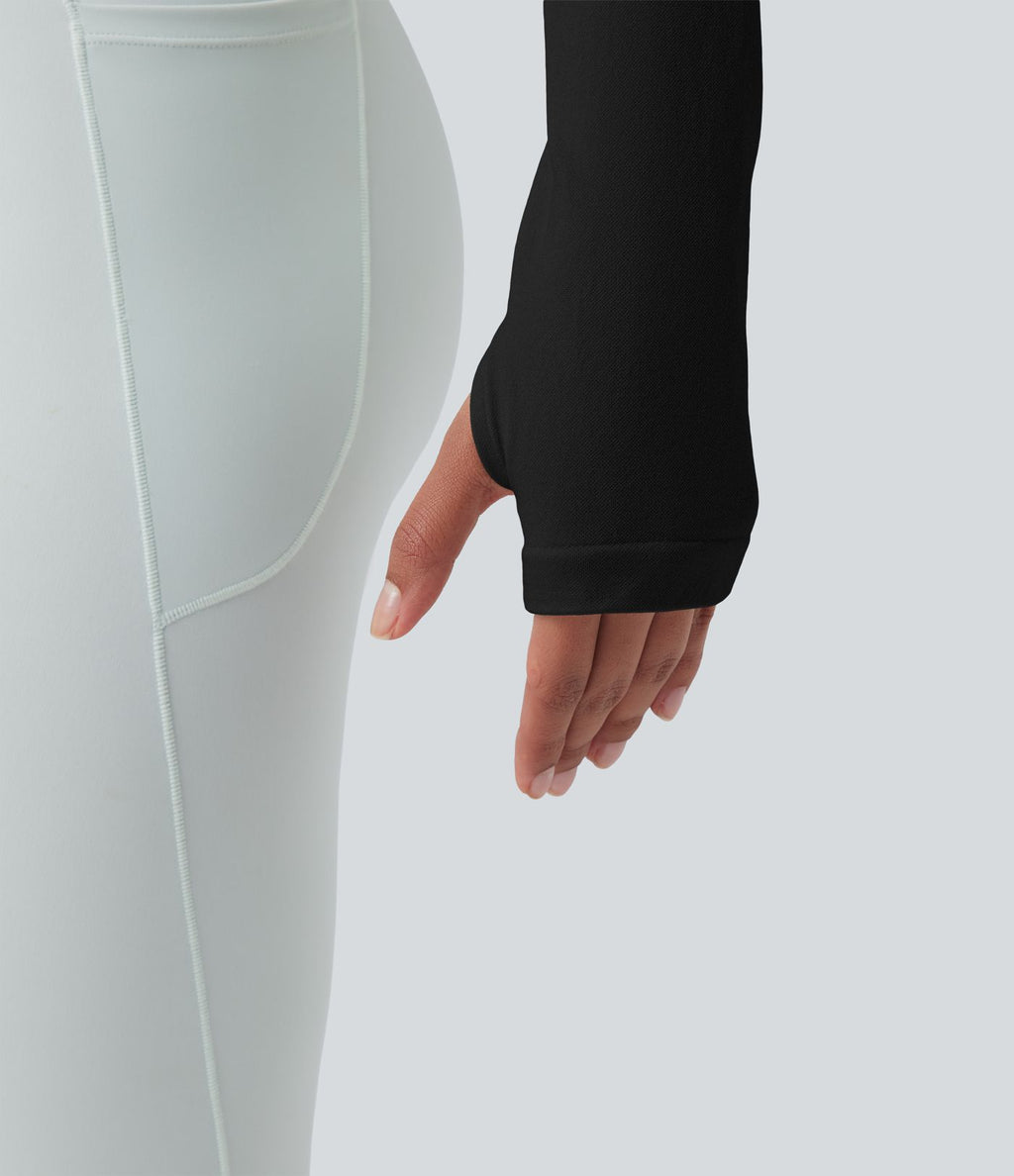 Haut de sport de yoga court Seamless Flow dos nu torsadé encolure dégagée manches longues avec passants pouces