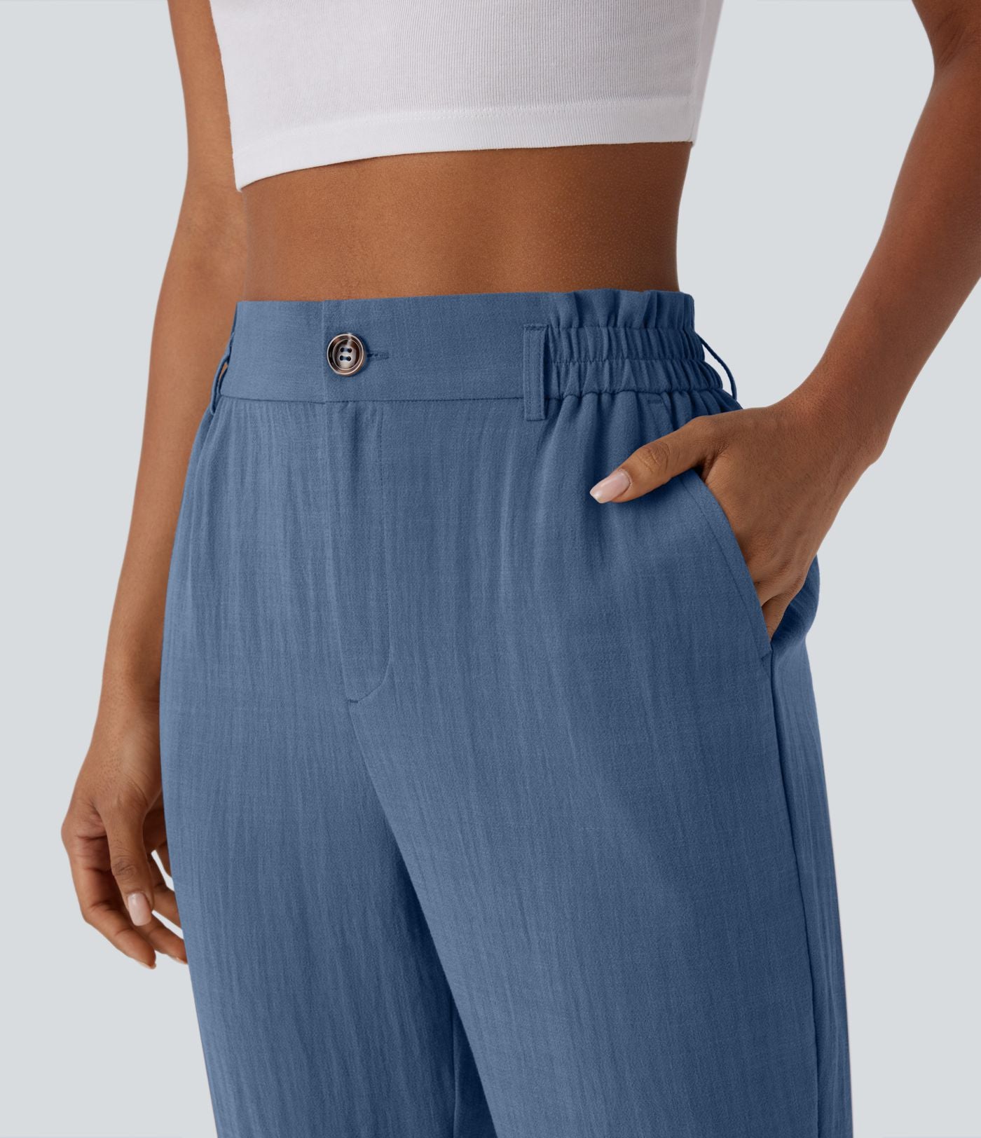 Pantalon capri effet lin taille haute avec poches zippées
