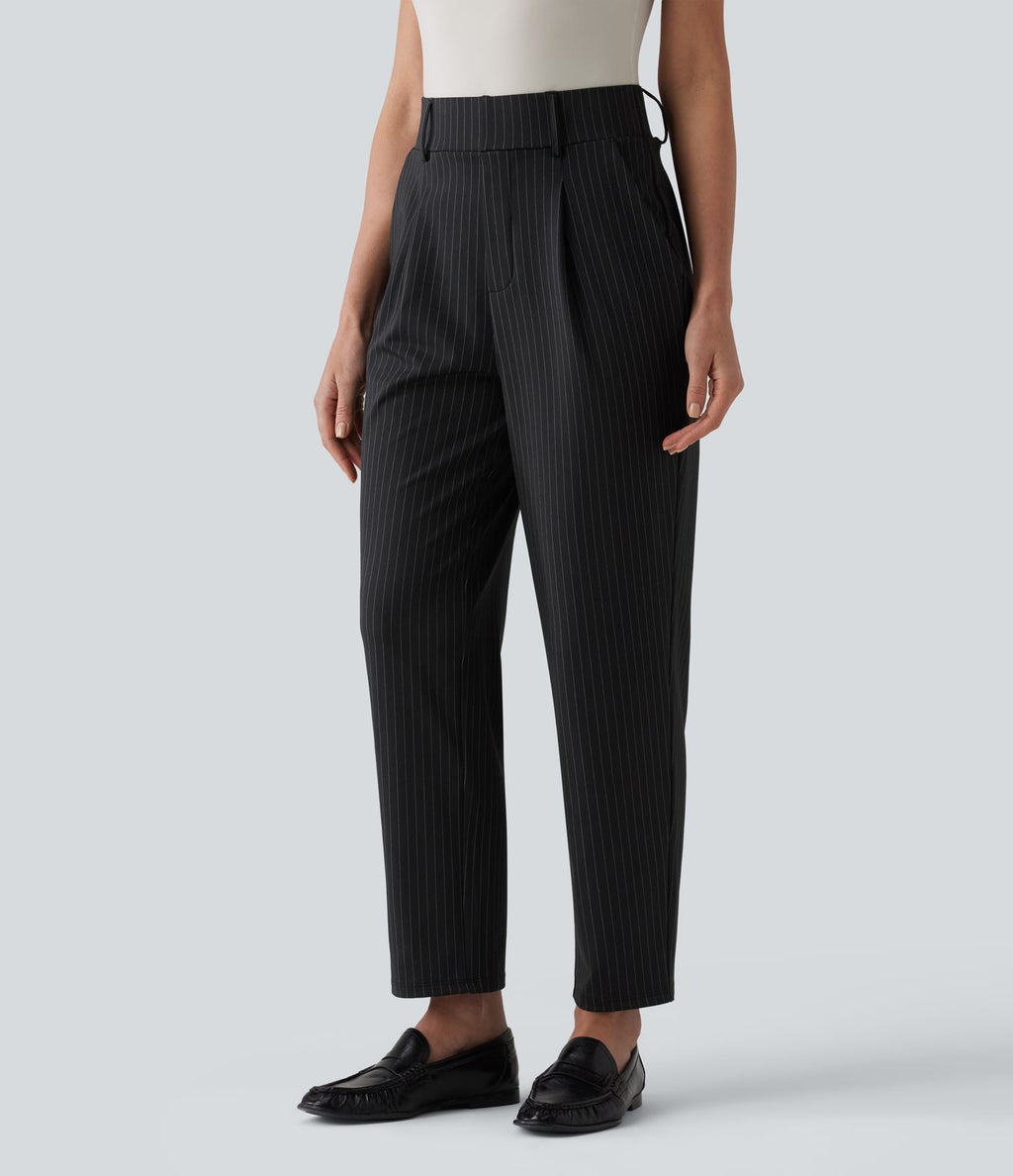 Pantalon tailleur fuselé 7/8 taille haute à rayures avec poches