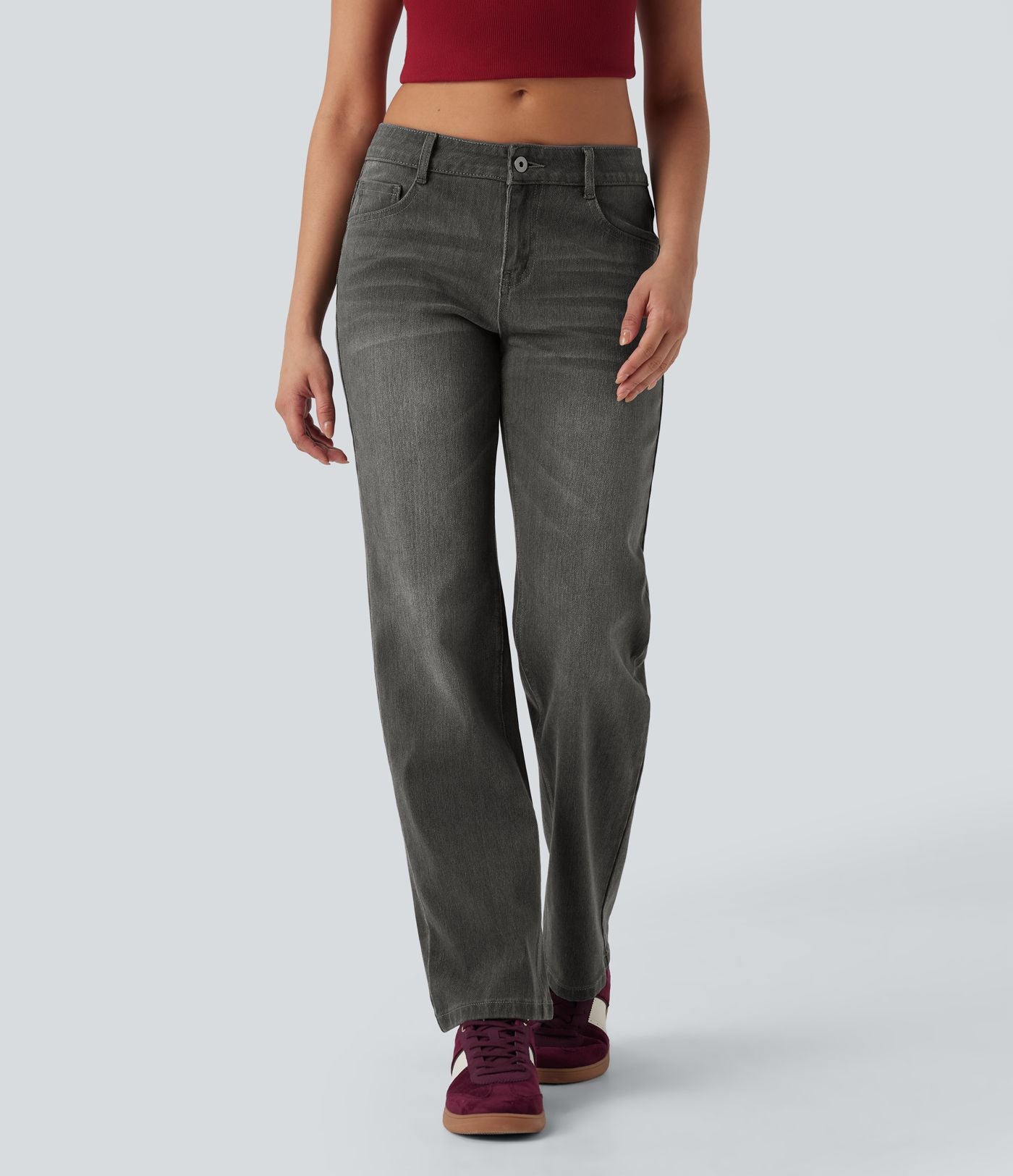 Jean décontracté Halara Flex™ taille basse à jambes droites avec bouton, fermeture éclair, multiples poches, effet délavé en maille extensible