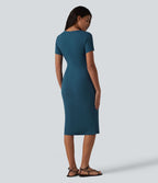 Robe midi casual moulante en maille côtelée à manches courtes, col henley et bas sirène