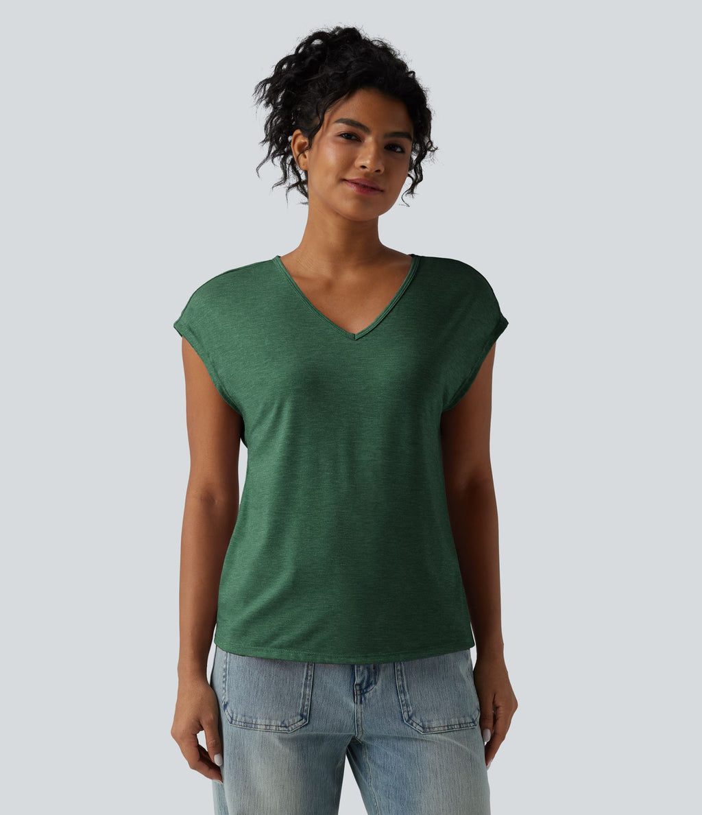 T-shirt décontracté chiné ample à manches courtes et col V