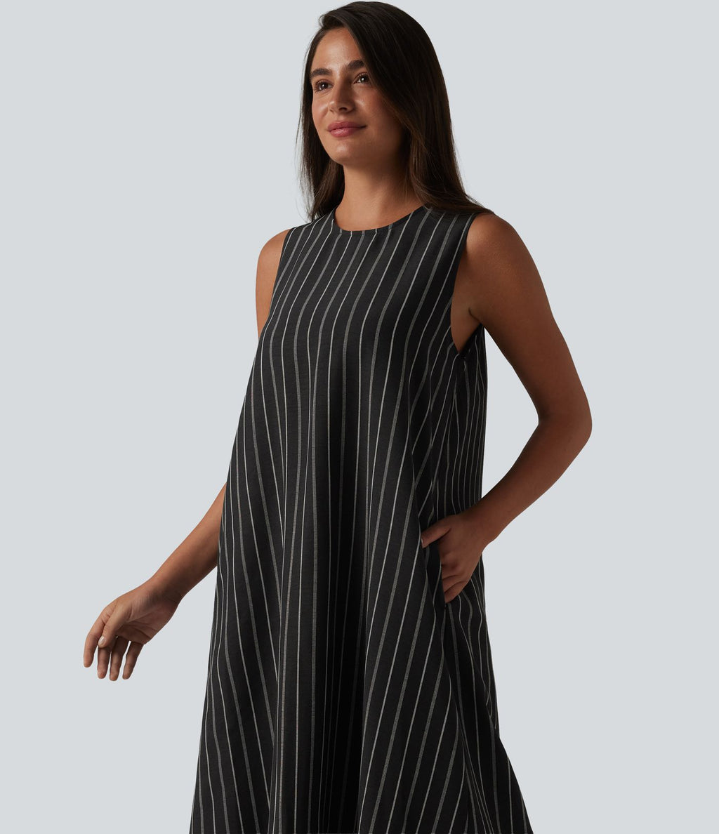 Robe décontractée midi col rond sans manches à rayures dos ajouré avec poches