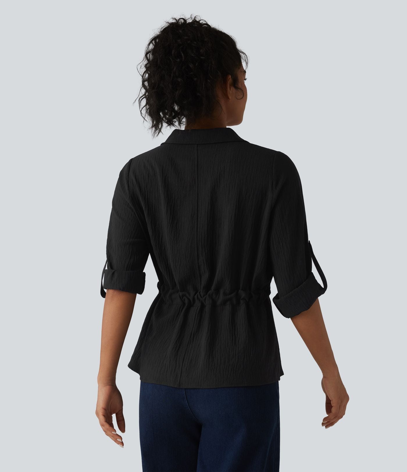 Chemise effet lin esprit bureau à revers, manches retroussées et lien à nouer