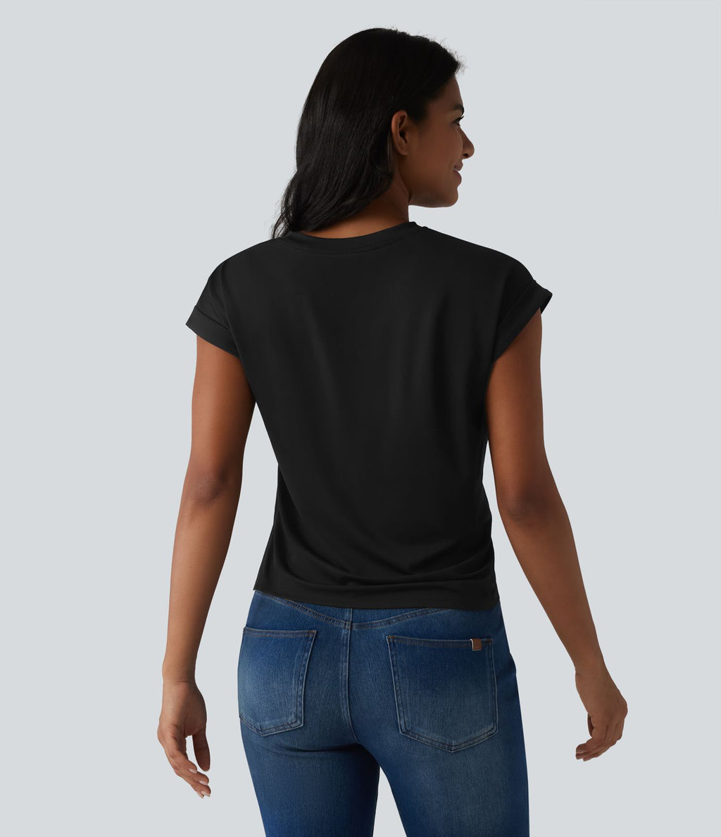 T-shirt casual col rond manches courtes avec ourlet incurvé et fentes latérales