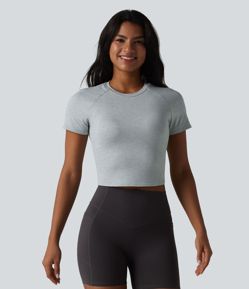 Haut de sport yoga col rond manches courtes avec soutien-gorge intégré