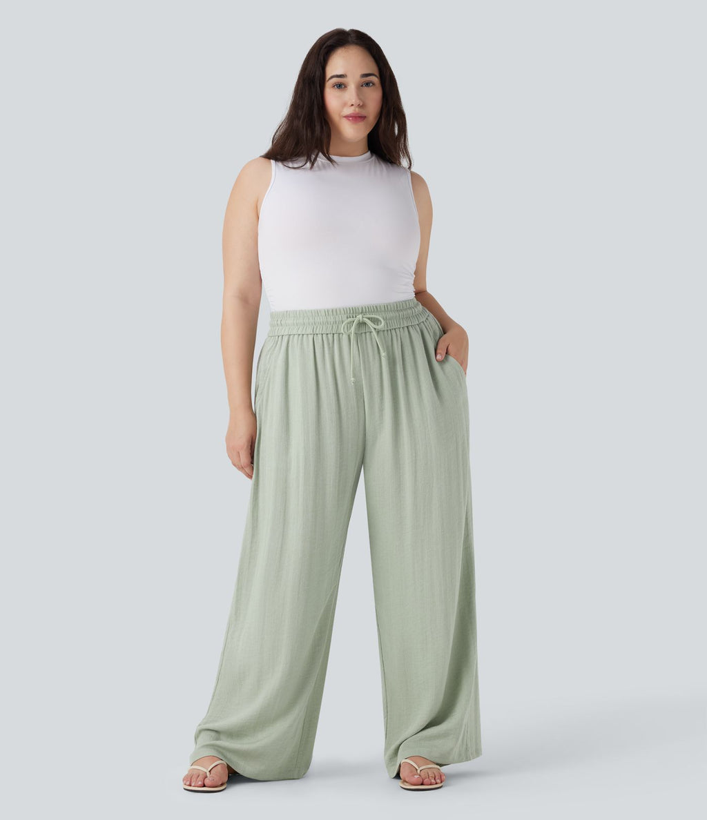 Pantalon décontracté grande taille large fluide taille haute effet lin avec cordon de serrage et poches