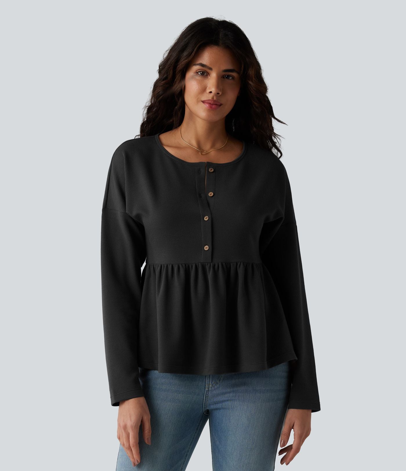 Haut casual babydoll Henley manches longues en tissu gaufré
