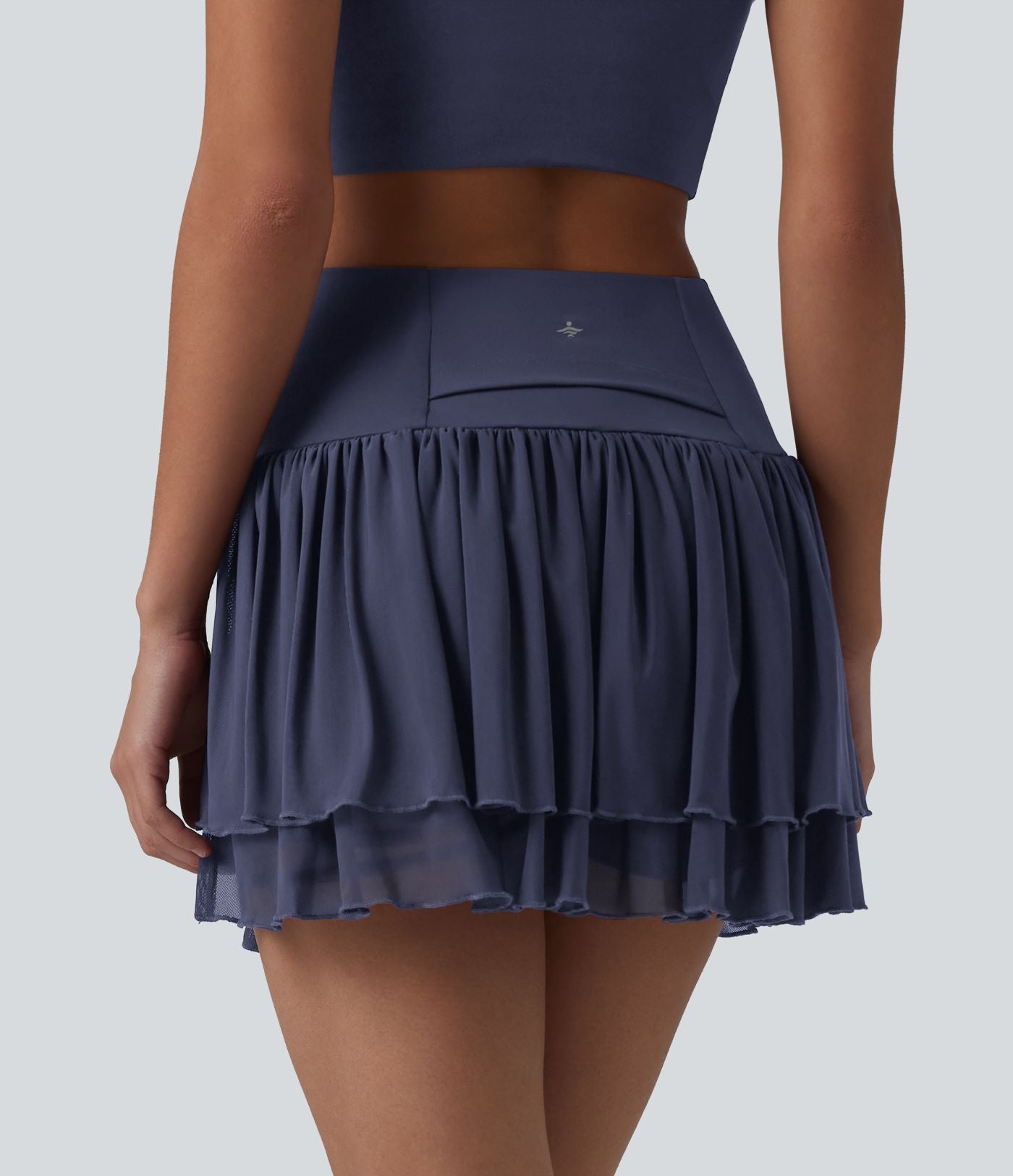 Jupe de danse mini 2-en-1 en mesh respirant à volants et ourlet asymétrique taille haute avec poches
