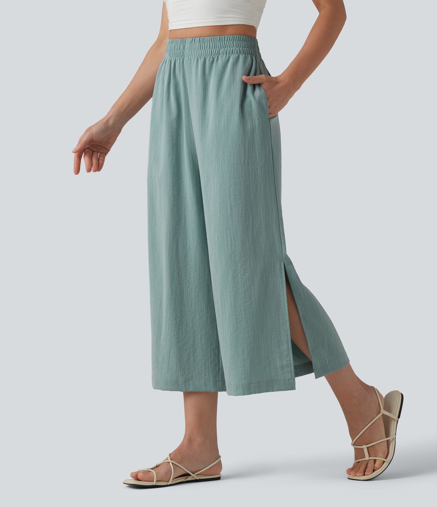 Pantalon ample court taille haute aspect lin avec fentes et poches