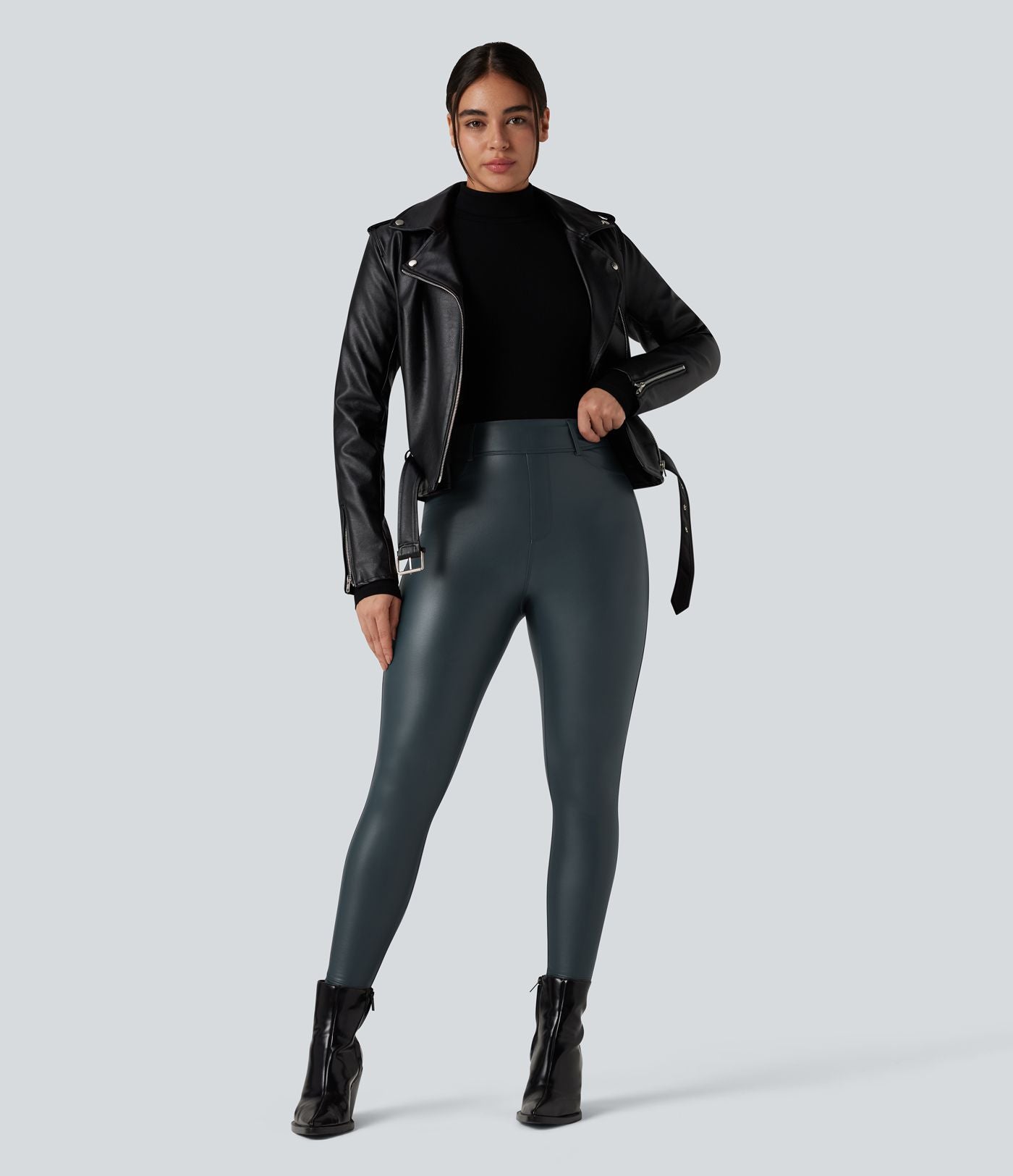 Pantalon polaire simili cuir extensible taille haute avec poches