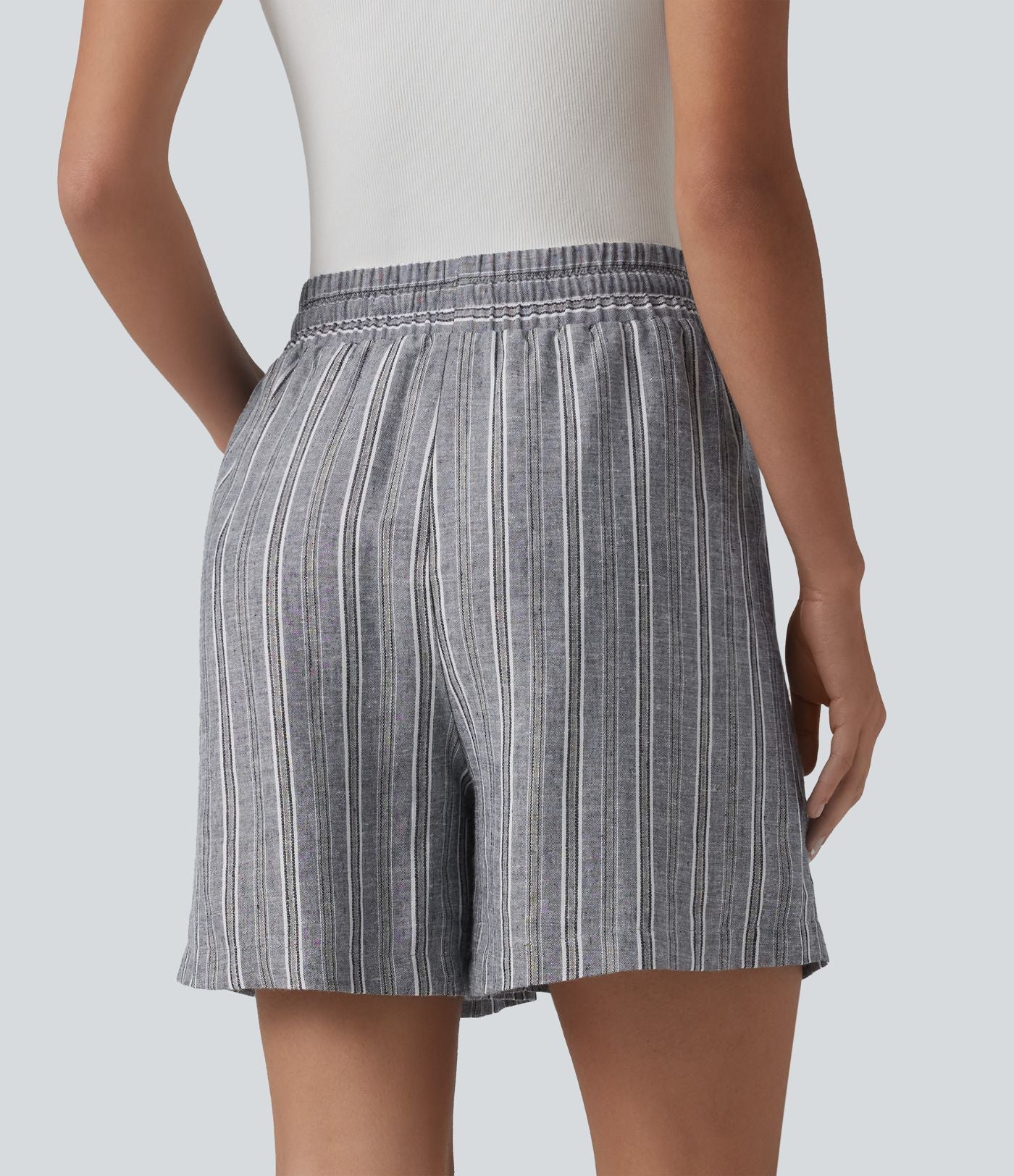 Short tailleur large en lin rayé taille haute avec cordon de serrage et poches