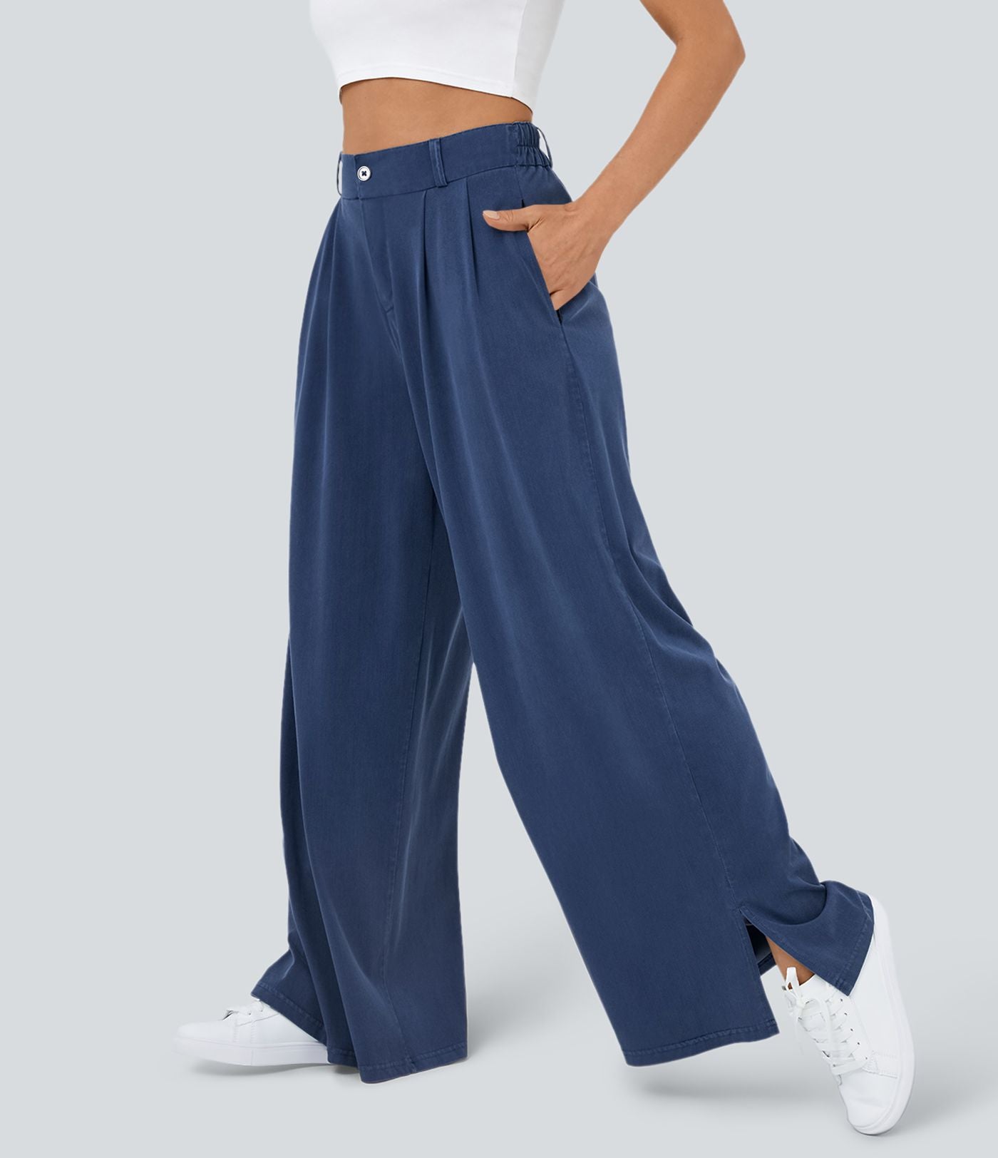 Pantalon Large Casual Taille Haute Boutonnés Fermeture Éclair Plissé Poches Latérales Ourlet Fendu