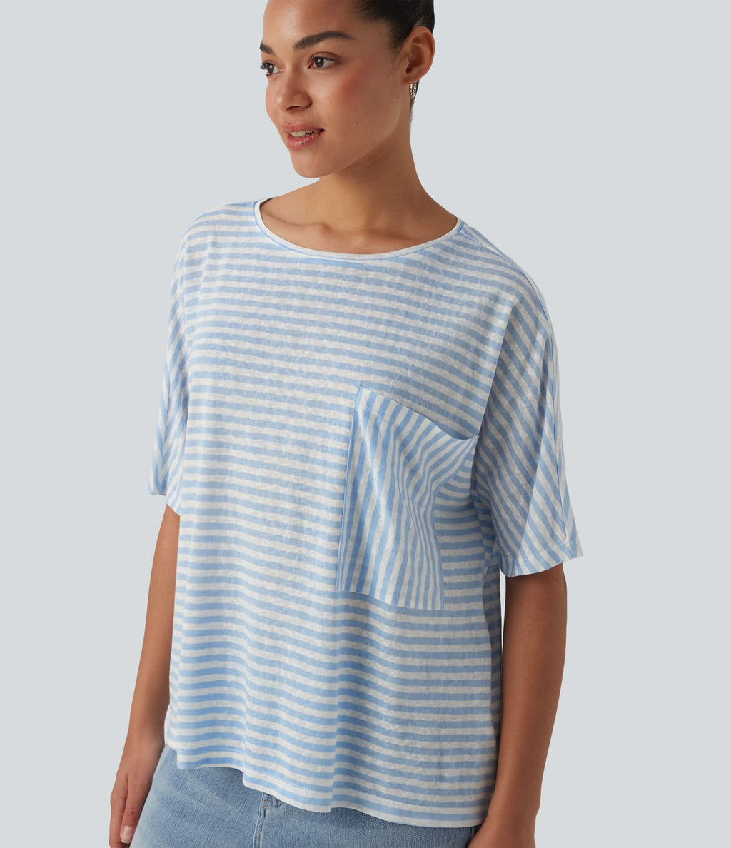 T-shirt col rond manches chauve-souris à rayures en lyocell avec poche poitrine