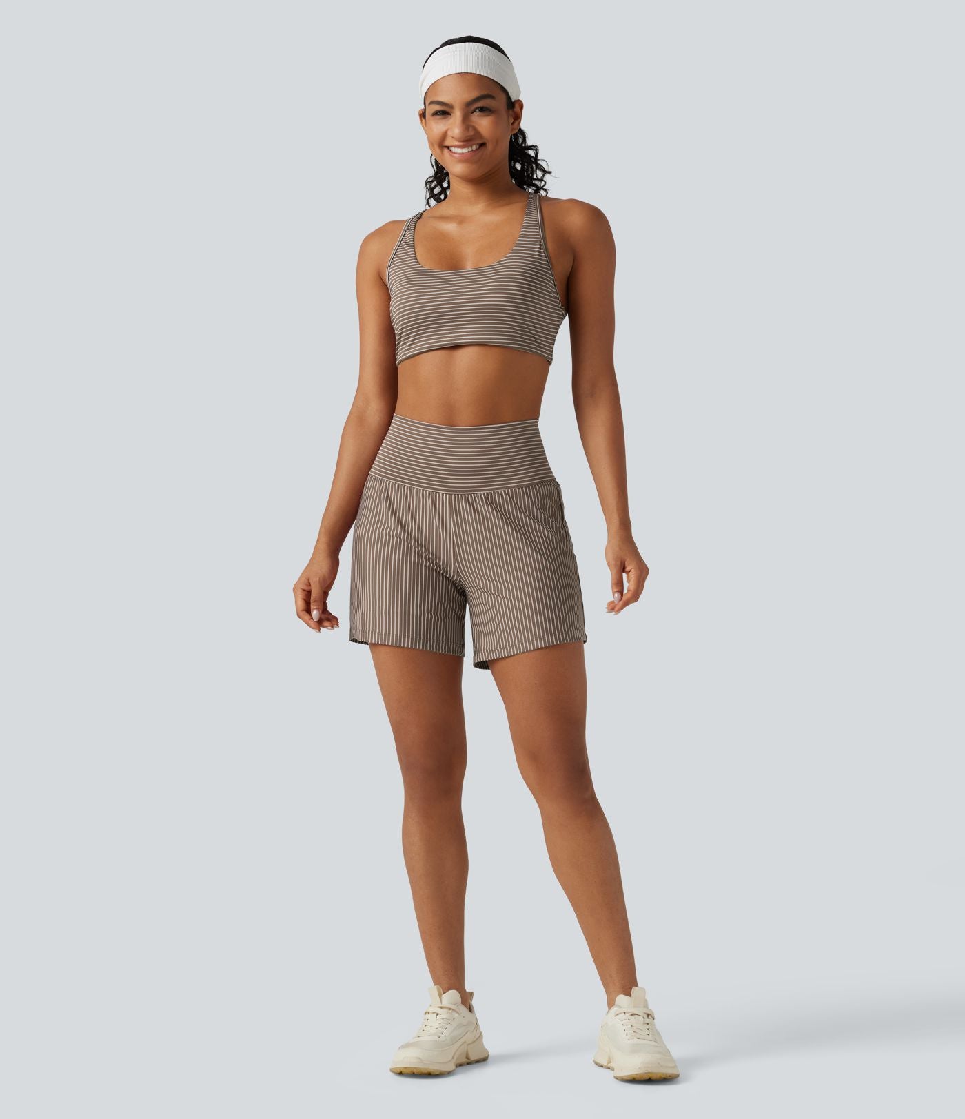 Short de yoga 2-en-1 à rayures, taille très haute, 12,5 cm, à poches