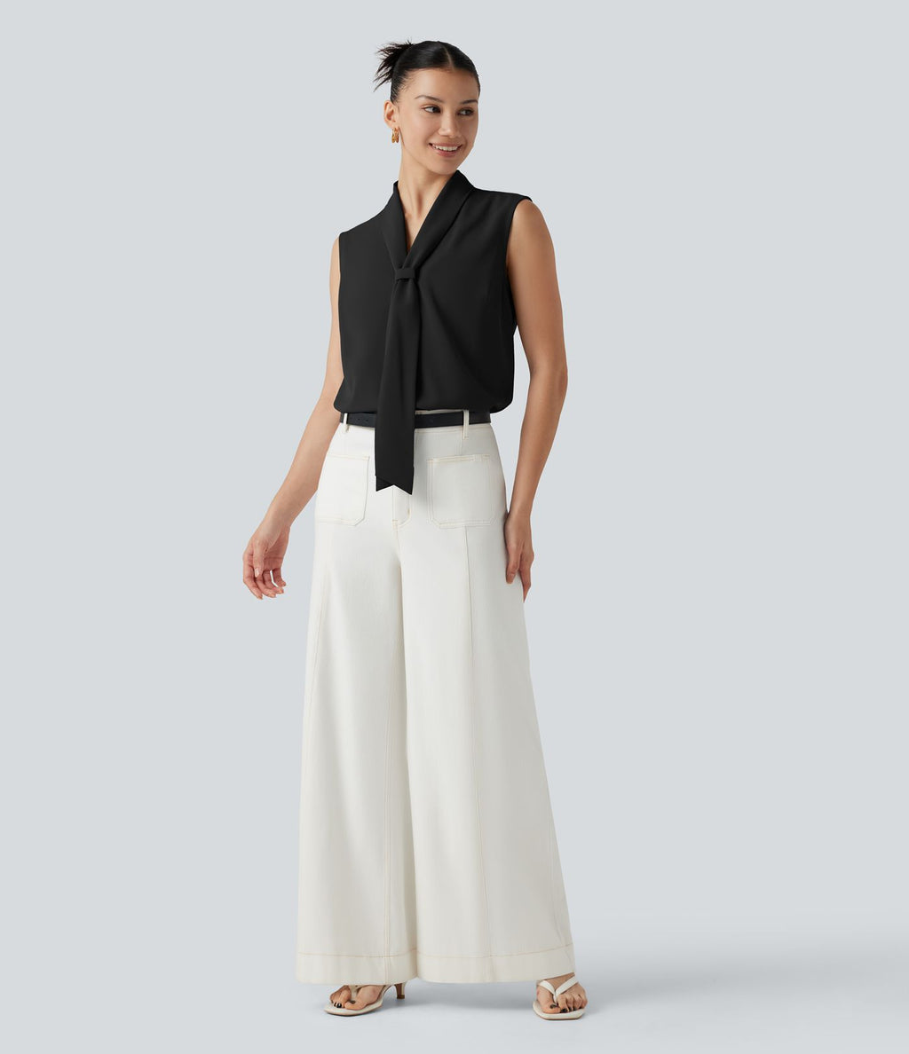 Blouse  sans manches esprit bureau défroissage facile, col V et lien à nouer