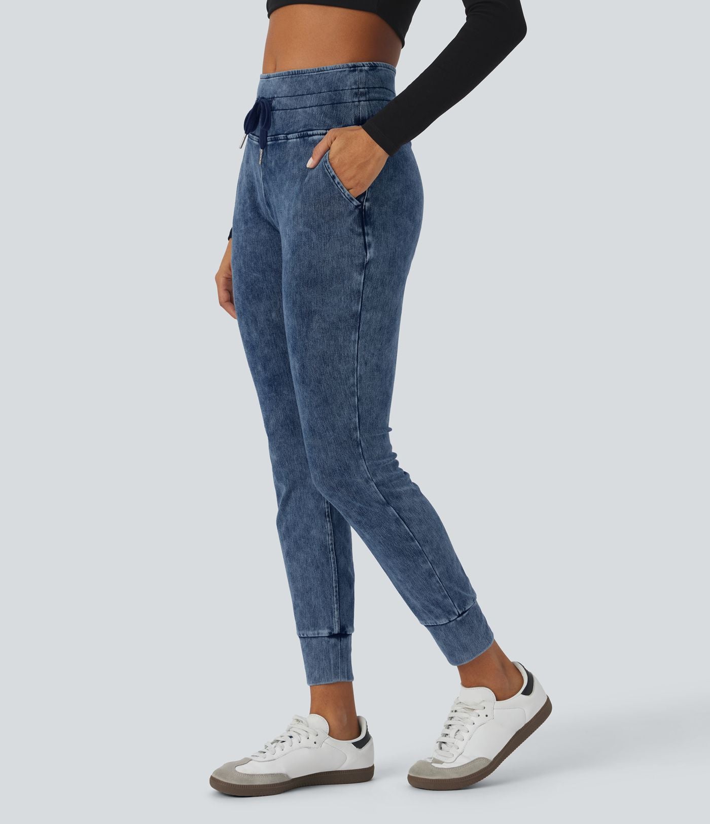 Halara Flex™ Jean Casual Taille Haute avec Cordon de Serrage et Poches Latérales en Tricot Extensible Lavé
