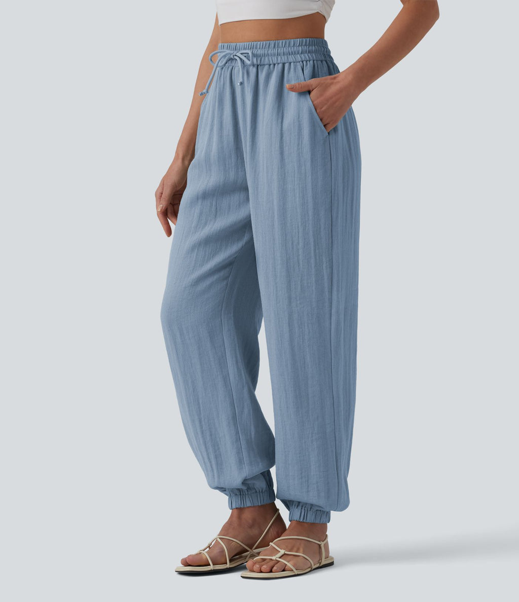 Jogging casual large ample taille haute aspect lin à cordon de serrage avec poches