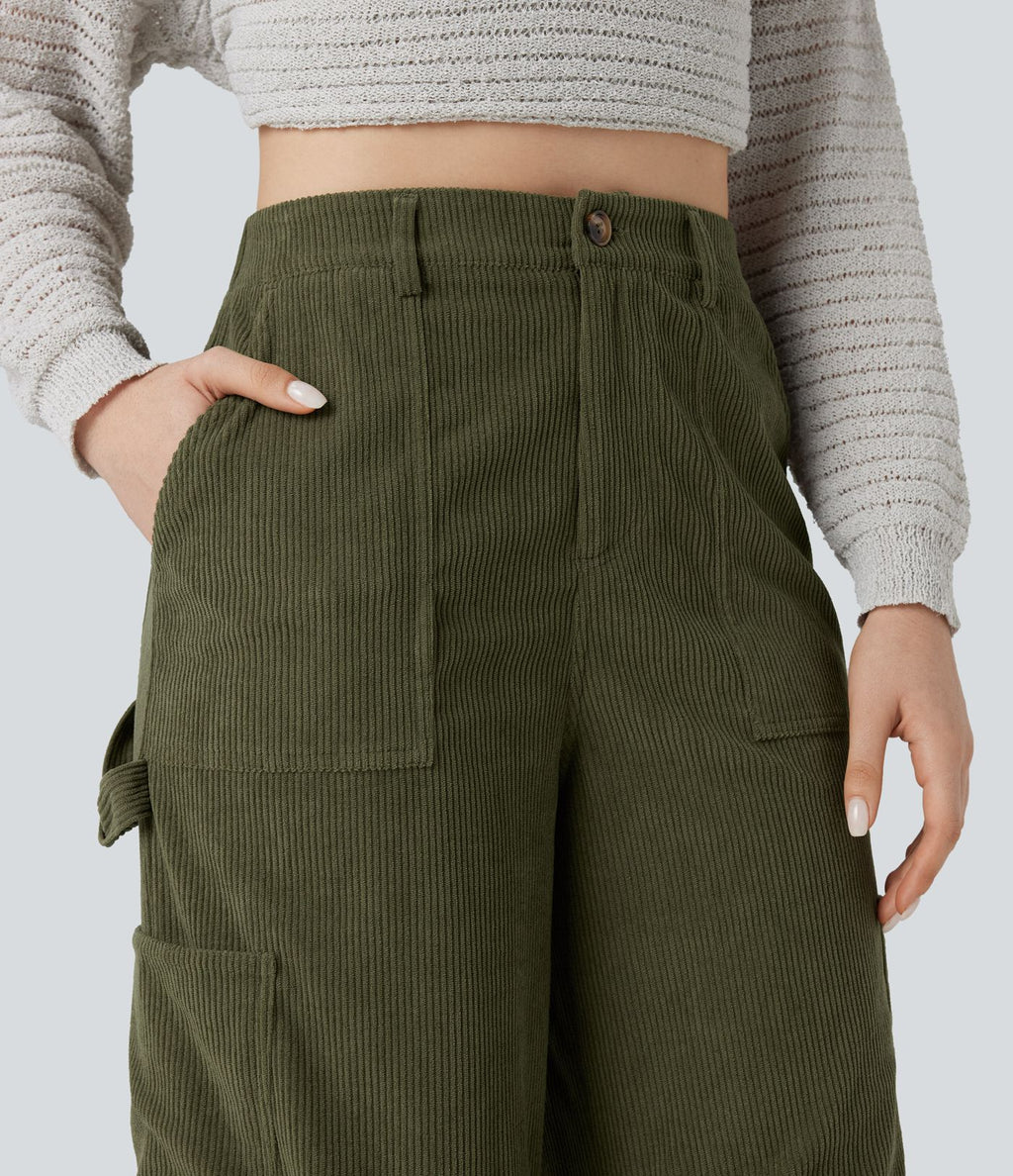 Pantalon décontracté droit en velours côtelé, taille haute, avec poches
