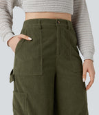 Pantalon décontracté droit en velours côtelé, taille haute, avec poches