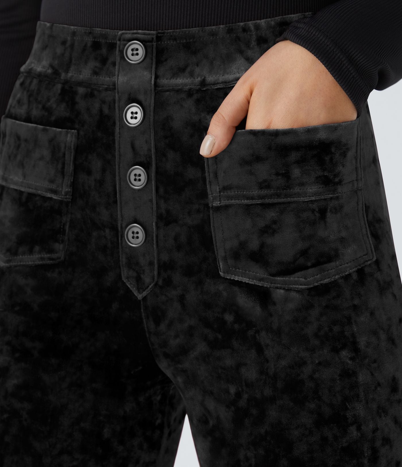 Pantalon en Velours Taille Haute avec Bouton Multipoches Droites