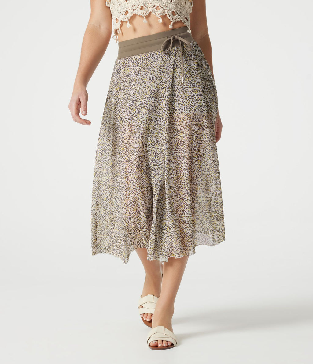 Jupe midi évasée fluide 2-en-1 taille haute imprimé léopard, cordon de serrage et empiècements en maille contrastée, avec poches