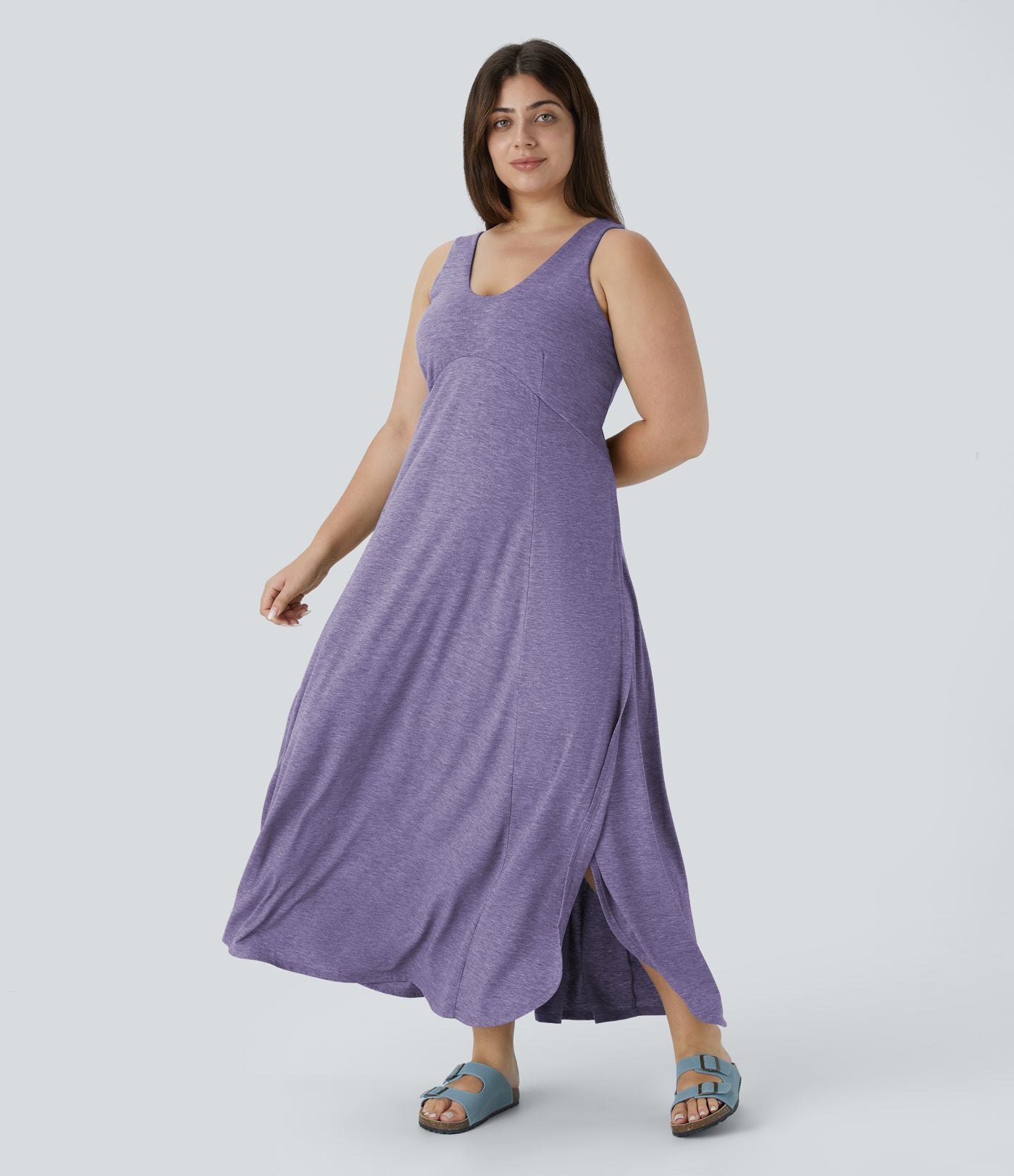 Robe Maxi Casual Grande Taille à Col U Sans Dos Fendue et Fluide