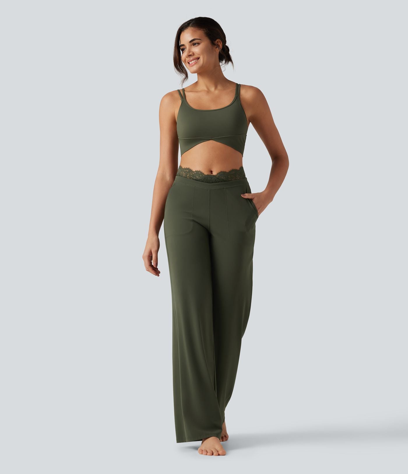 Pantalon de yoga Halara UltraSculpt™ droit taille haute gainant avec dentelle contrastée et poches