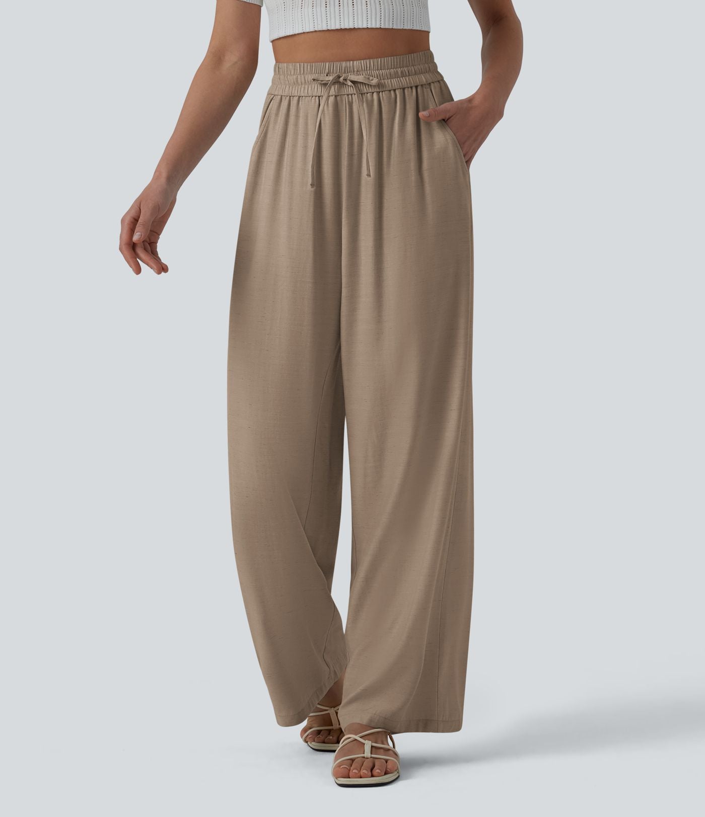 Pantalon casual large fluide mélange lin taille haute avec cordon de serrage et poches