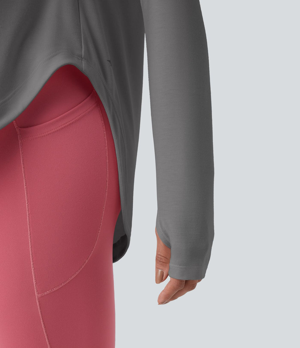 Top de sport yoga une épaule séchage rapide ourlet arrondi asymétrique manches longues avec trous pouces - Brassière intégrée