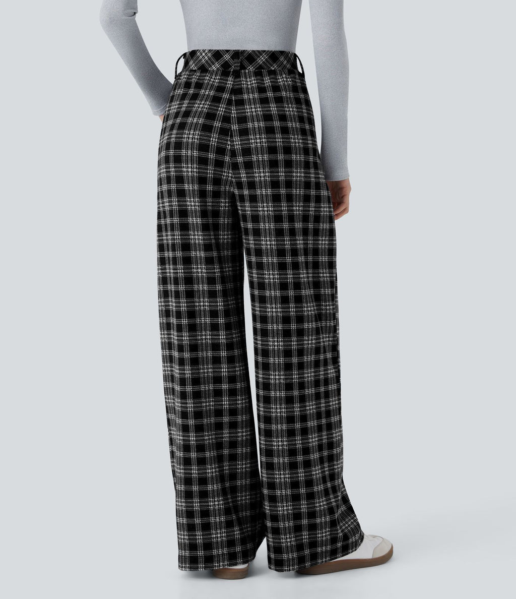 Pantalon taille haute décontracté large à carreaux, avec poches