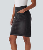 Halara Flex™ Jupe en Jean décontractée stretch délavé à taille haute, multiples poches et fente latérale