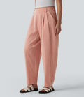 Pantalon décontracté coupe ballon taille mi-haute aspect lin avec poches