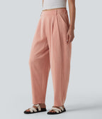 Pantalon décontracté coupe ballon taille mi-haute aspect lin avec poches