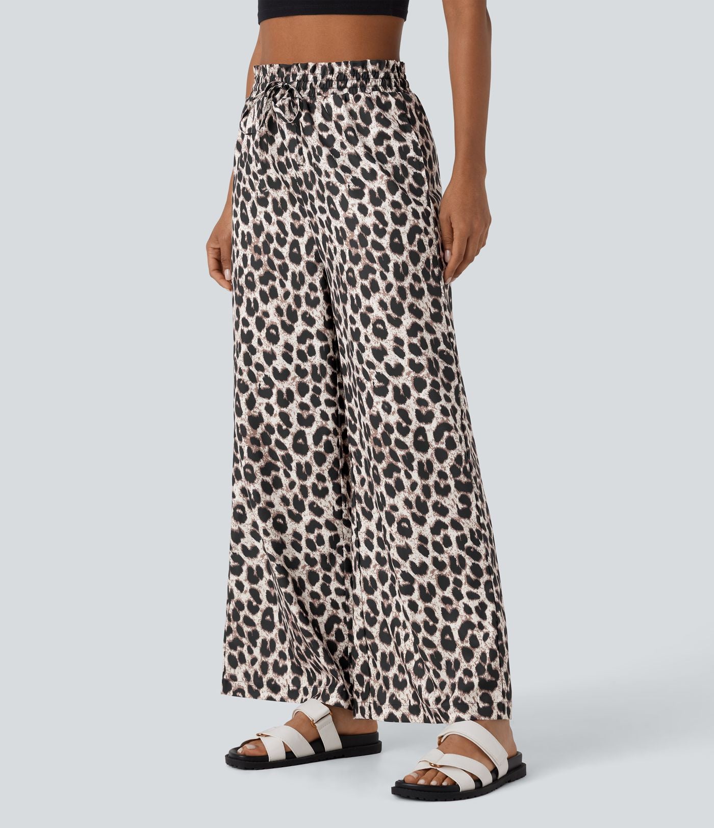 Pantalon large et fluide à imprimé léopard, taille haute avec cordon de serrage et poches latérales
