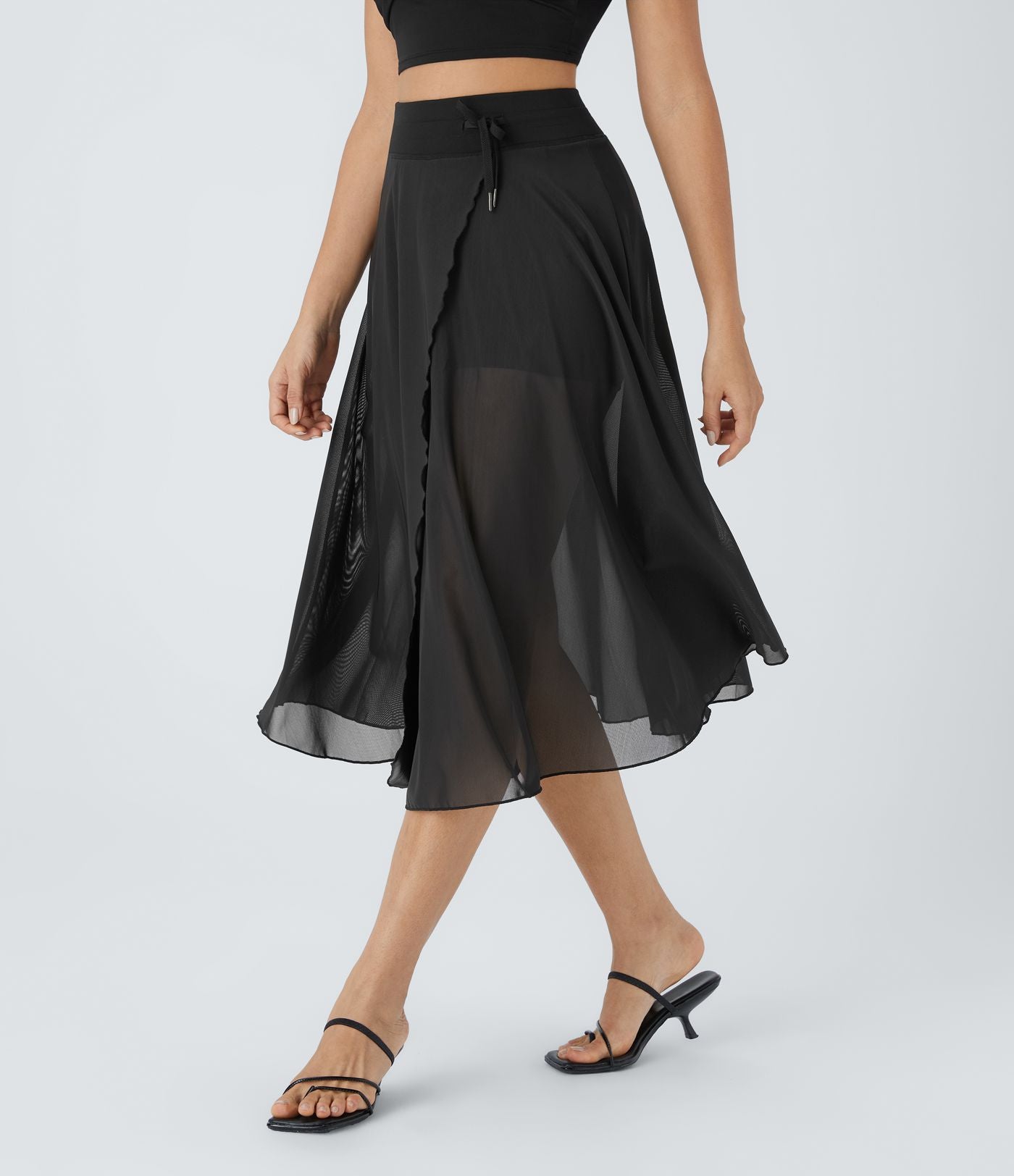 Jupe Casual Évasée Mesh Mi-Longue Fuide 2 en 1 Contrastée Taille Haute Cordon Poche Latérale